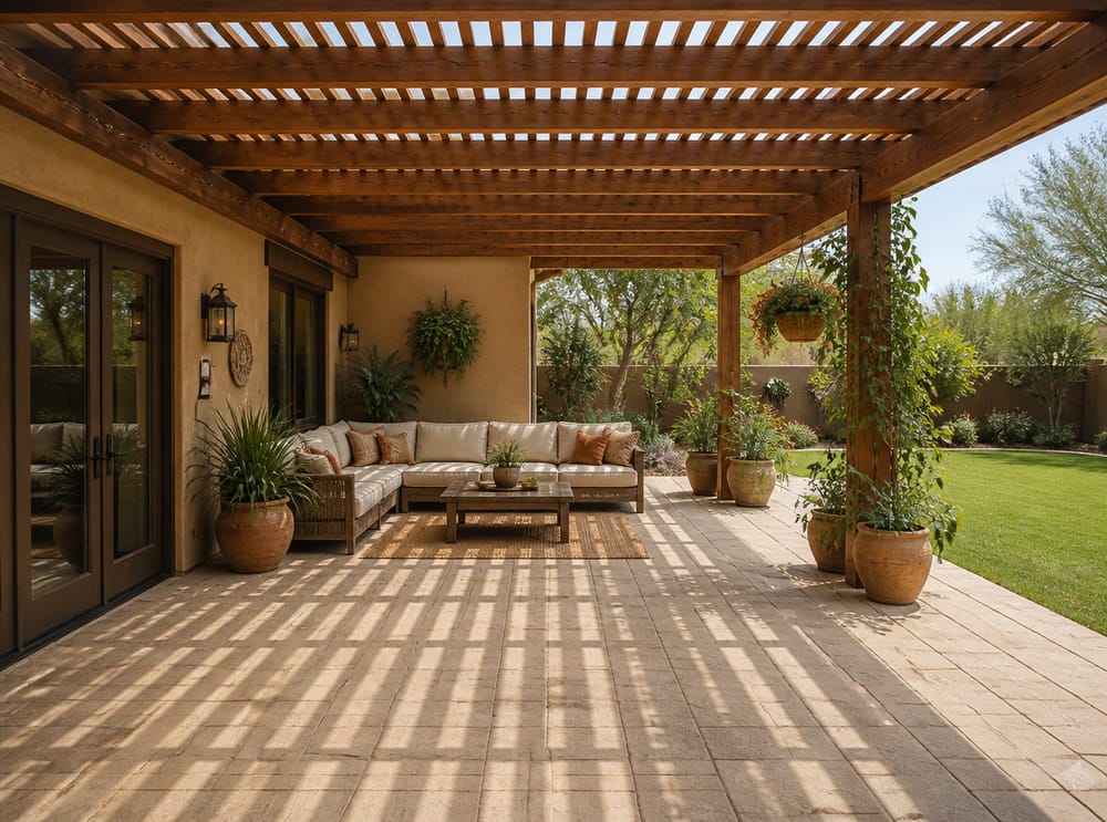 Travi in legno per pergola che proiettano ombre parallele su pavimentazione
