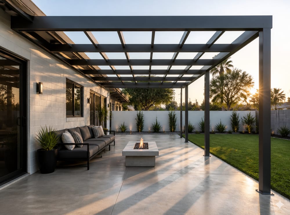 Pergola minimalista in alluminio su patio in cemento con braciere