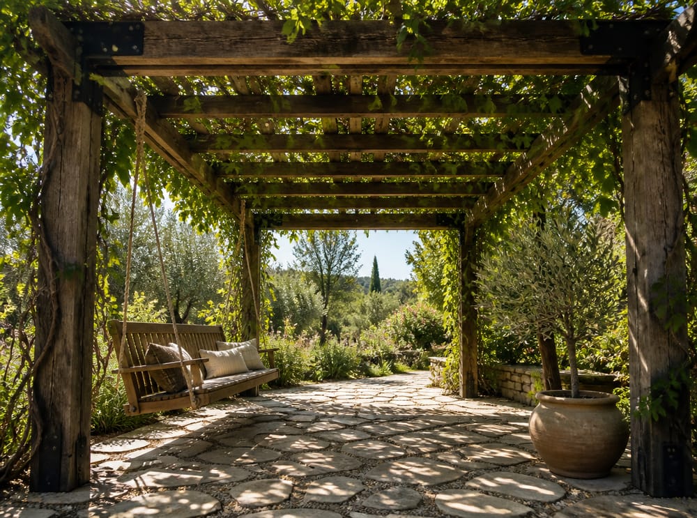 Pergola ricoperta di viti con altalena da veranda sotto