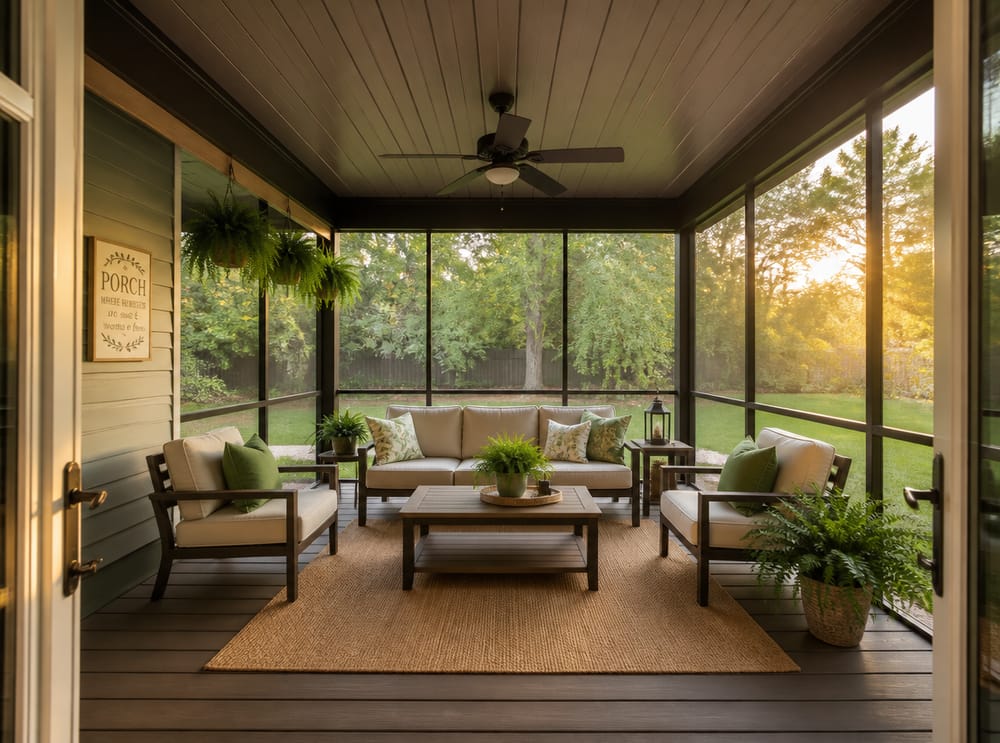 Patio schermato con tetto isolato e disposizione da salotto completa