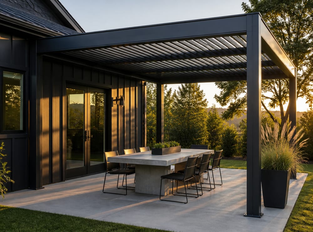 Pergola in acciaio a doghe che crea strisce orizzontali su tavolo in cemento