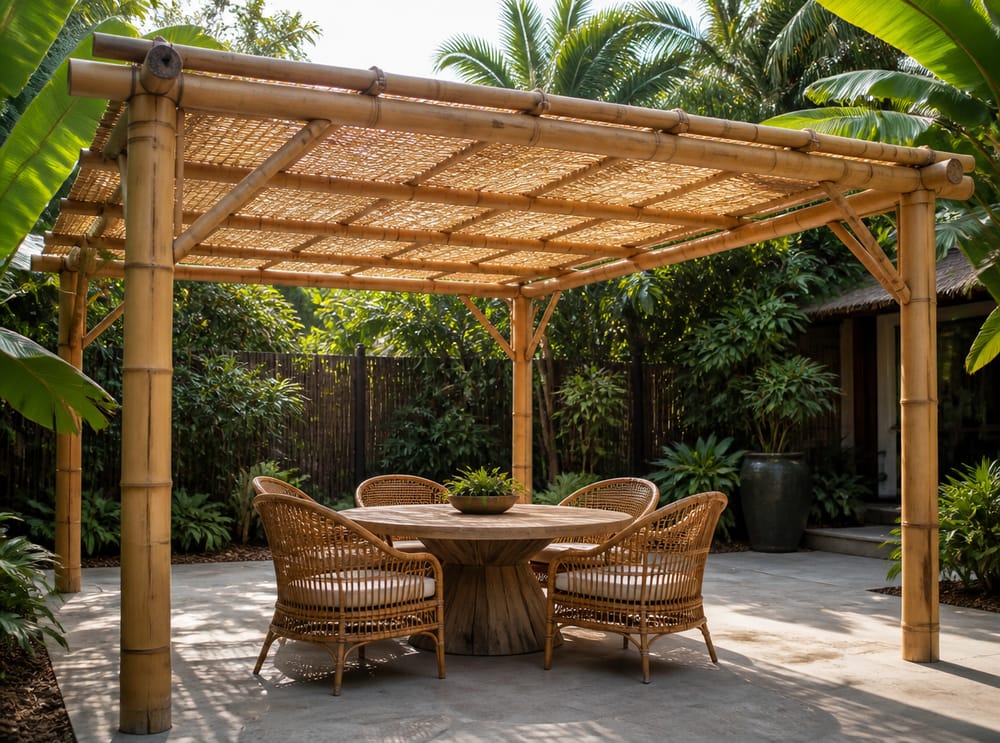 Pergola in bambù con tetto in canniccio intrecciato