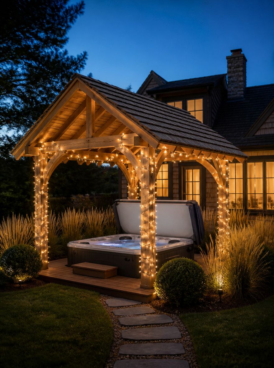 Pergola in legno di cedro sopra una vasca idromassaggio incassata al tramonto