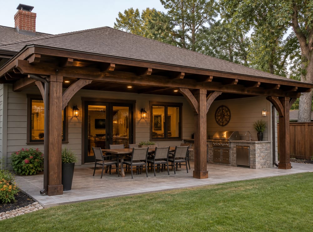 Pergola stile Craftsman con mensole sopra una cucina esterna