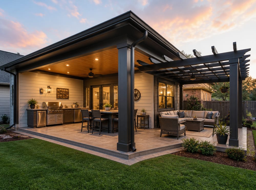 Copertura patio a L con tetto solido e sezioni aperte di pergola