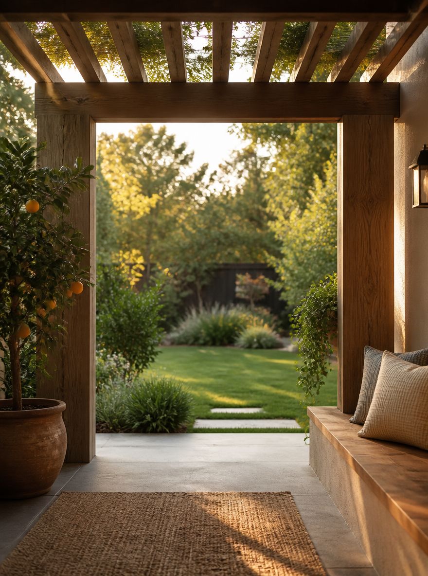 Pilastri in legno che incorniciano l’accesso al giardino