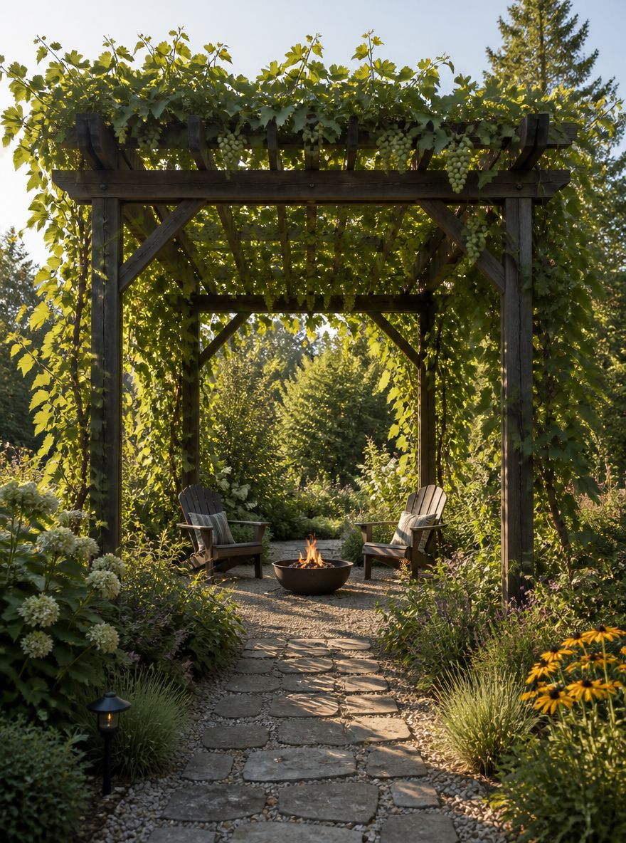 Pergola coperta da viti d’uva con sedie Adirondack e braciere