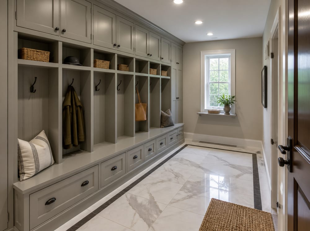 Muebles grises de pared completa con cajones extraíbles para zapatos