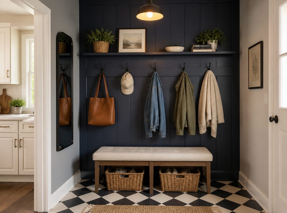 Pared azul marino con moldura y suelo de baldosa ajedrezada