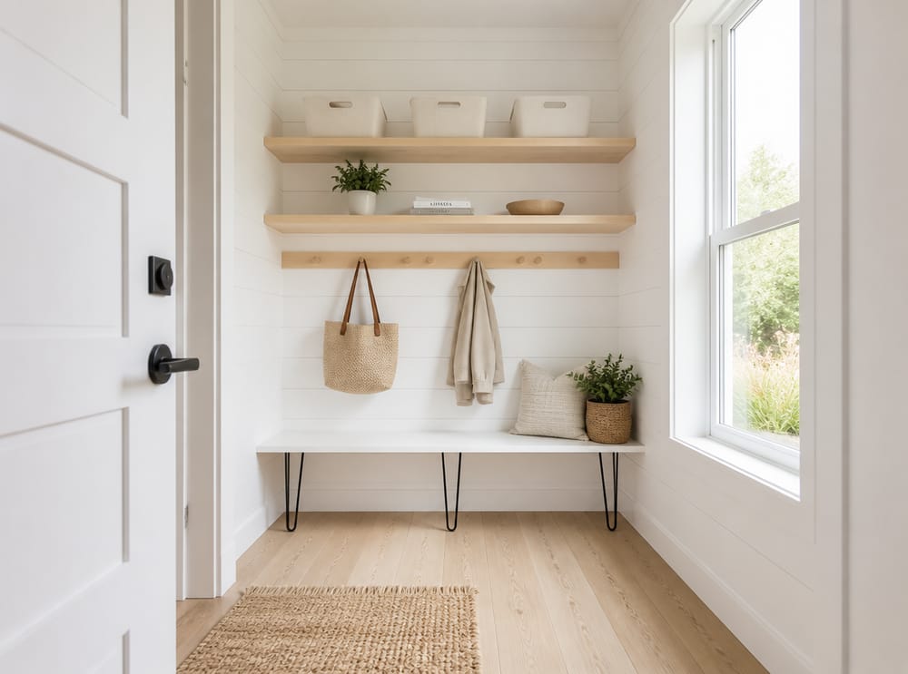 Panel de shiplap blanco con percheros y cajas de madera natural