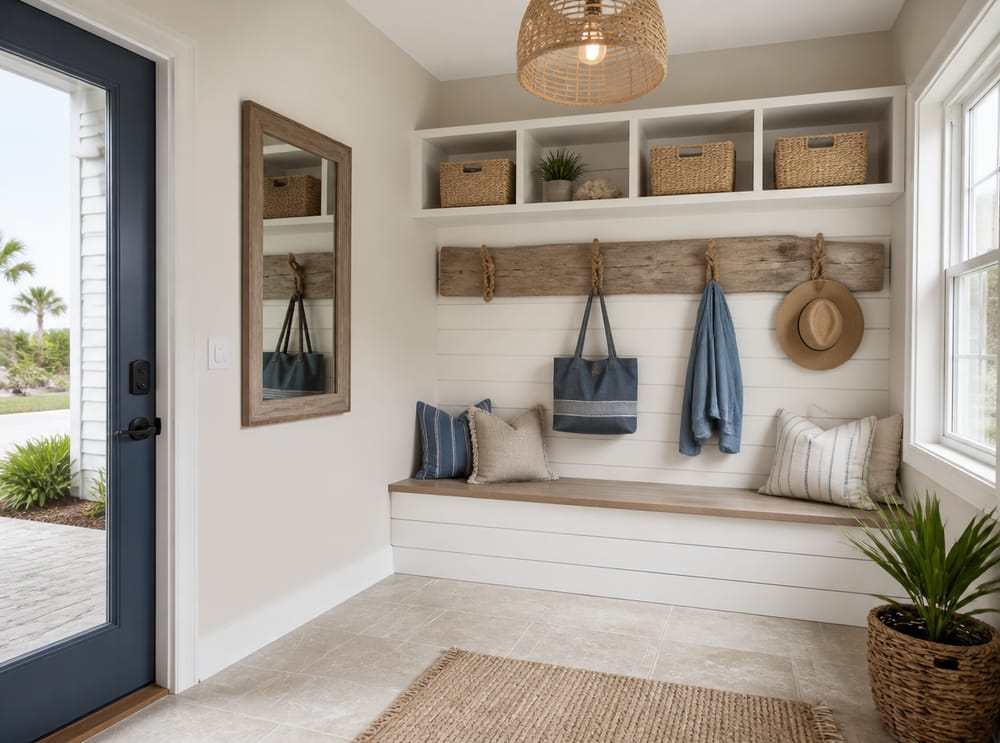 Ganchos de cuerda y cestas de seagrass en recibidor costero