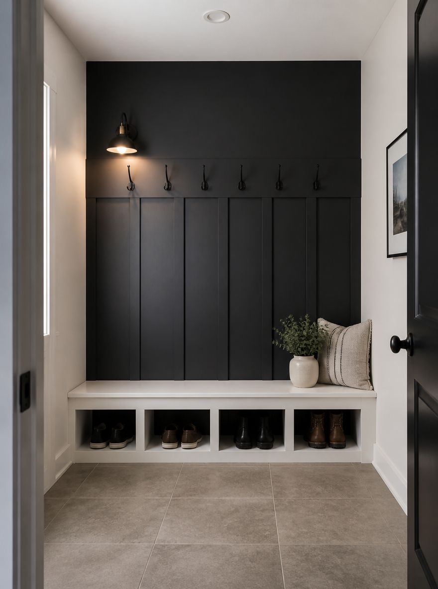 Pared acento casi negra con ganchos negros mate