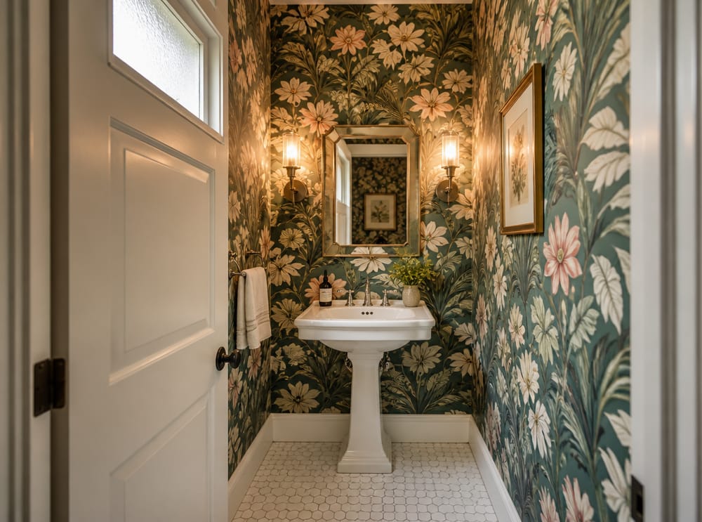 Botanical wallpaper wrapping every wall of compact half-bath