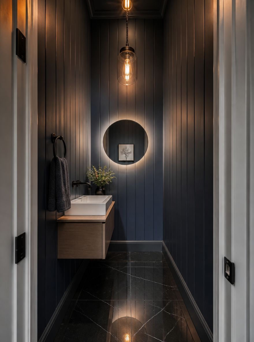 Vertical navy shiplap with floating vessel sink