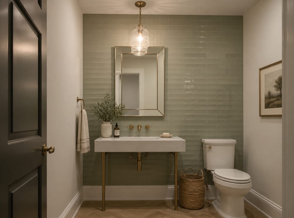 Console sink with brass fixtures against sage tile