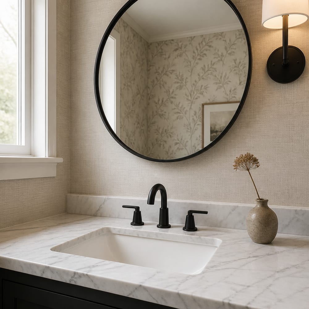 Marble countertop with matte black faucet detail