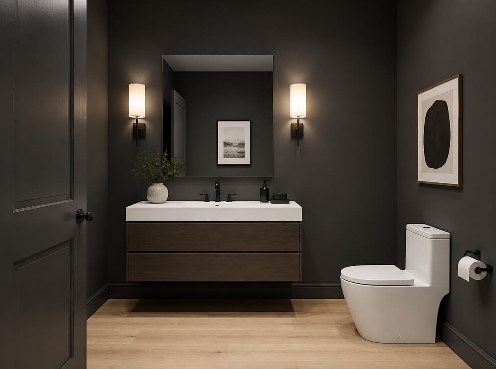 Charcoal walls with linen sconces and oak floor