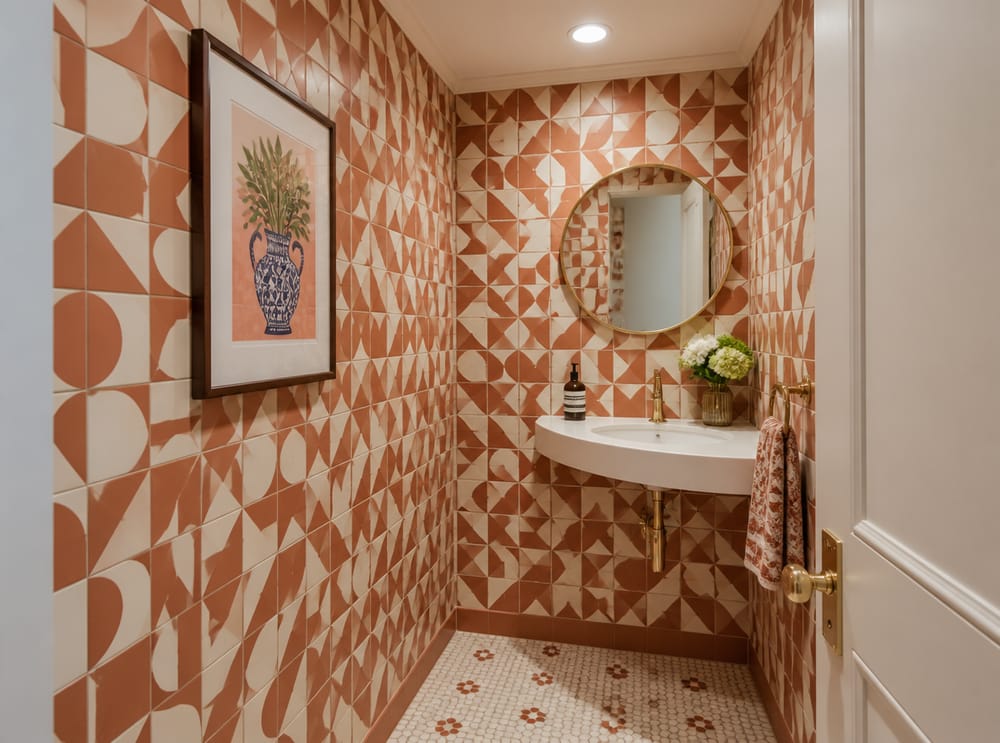 Geometric terracotta tile with gold corner sink