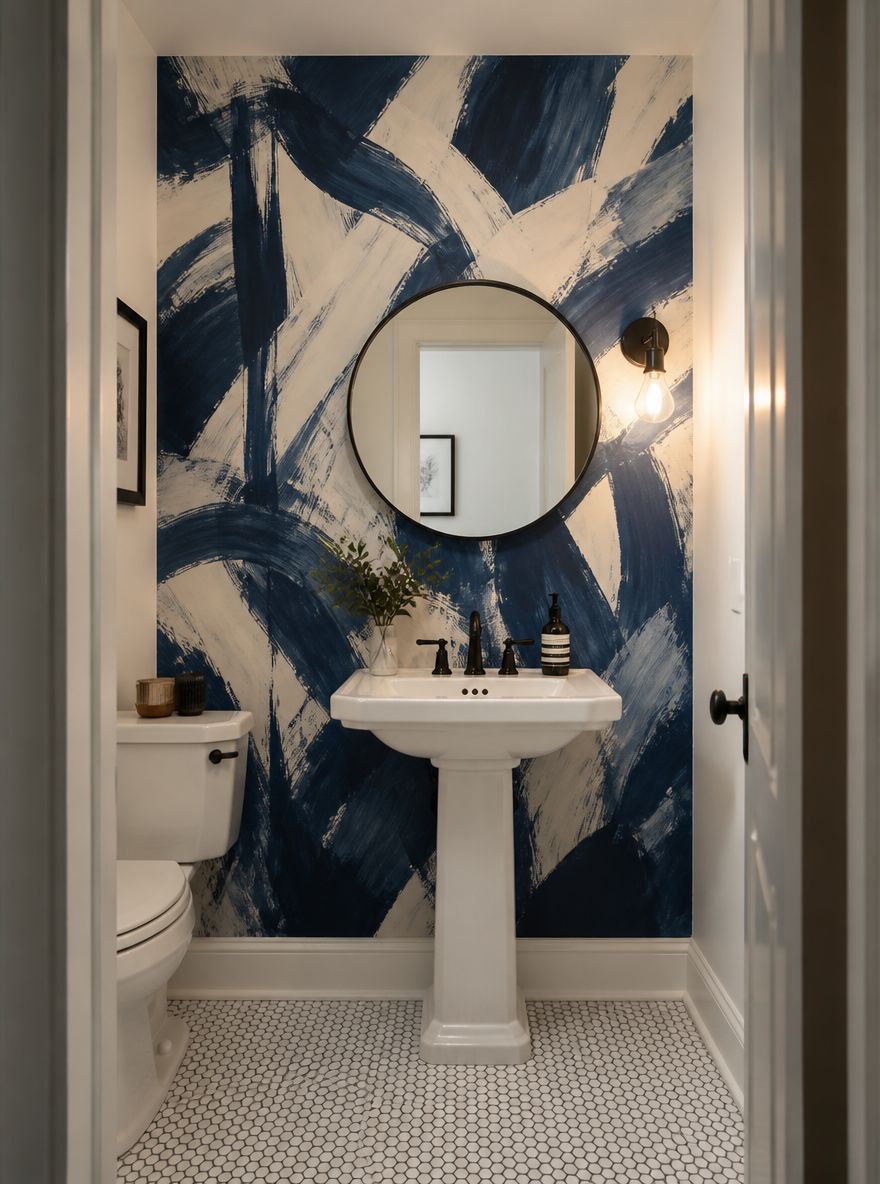 Abstract cobalt mural behind centered pedestal sink