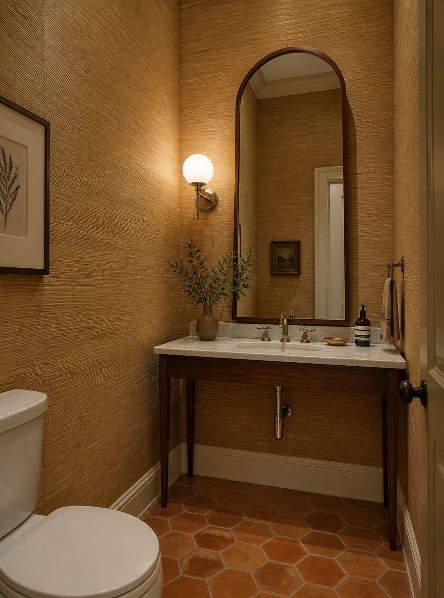 Arched mirror over slim marble-top vanity