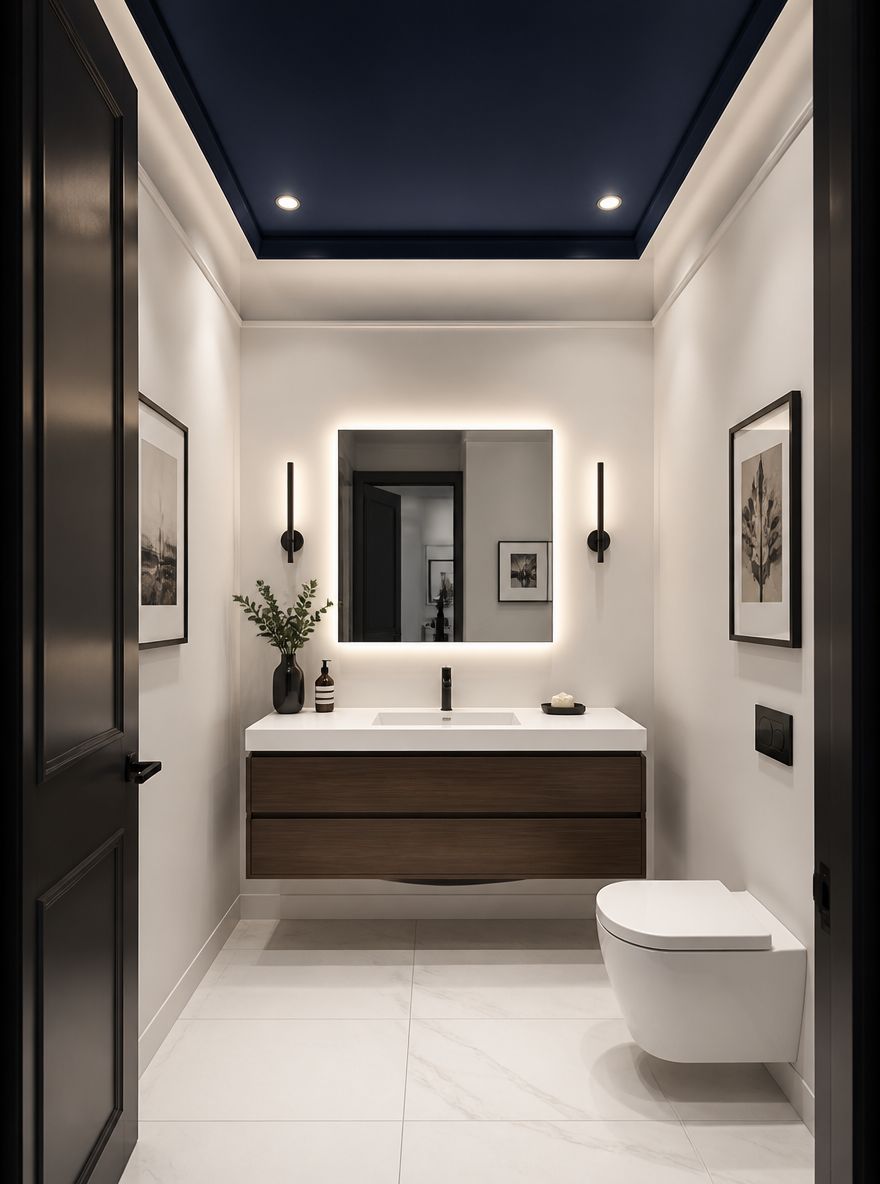 Midnight blue ceiling contrasting crisp white walls