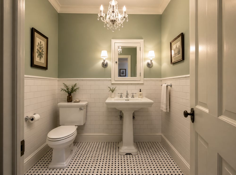 Subway tile wainscot with crystal chandelier overhead