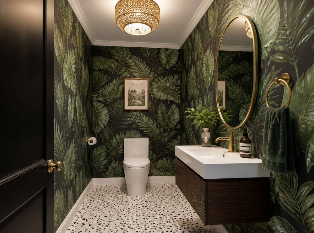 Tropical leaf wallpaper with rattan ceiling light