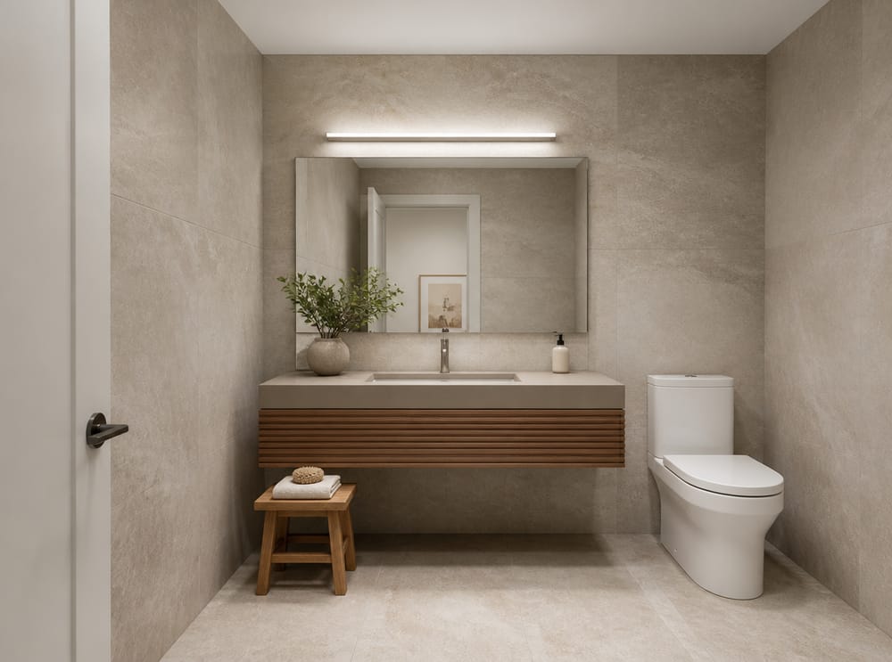 Floor-to-ceiling greige stone tile with LED light bar