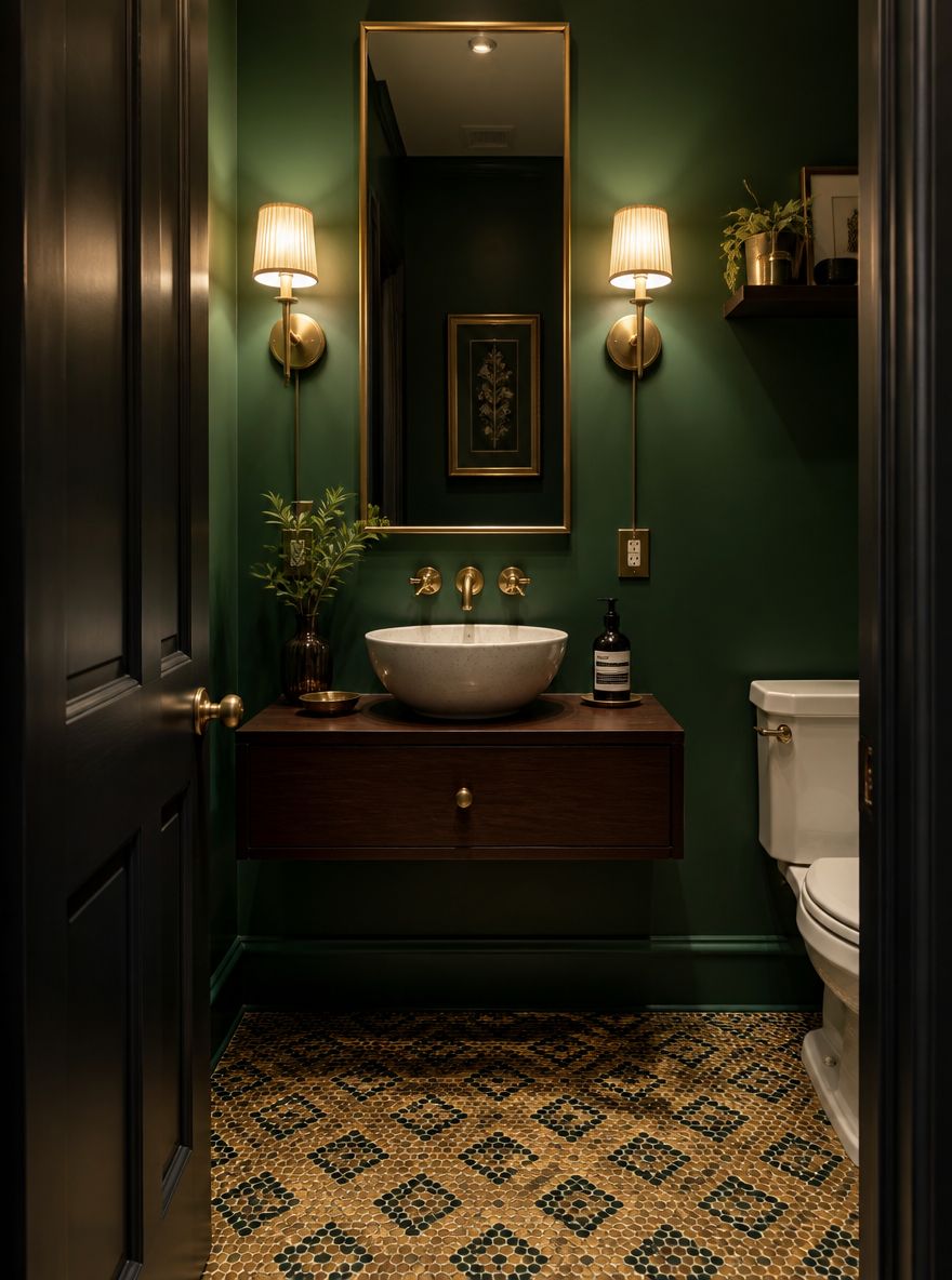 Emerald walls with brass sconces flanking tall mirror