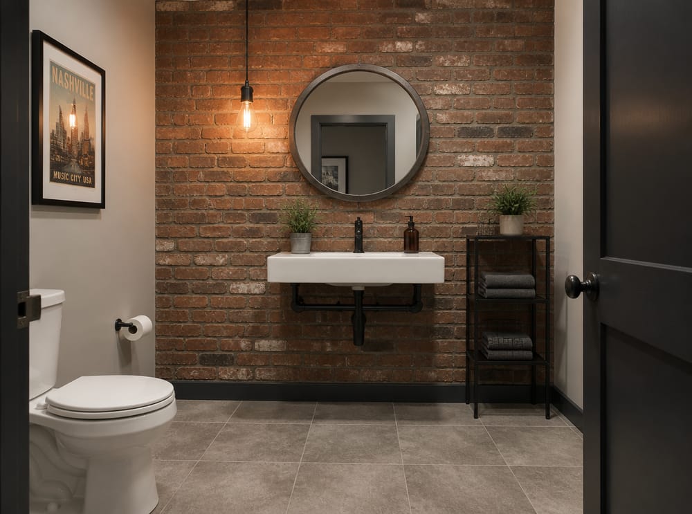 Exposed brick with black pipe fittings and Edison pendant