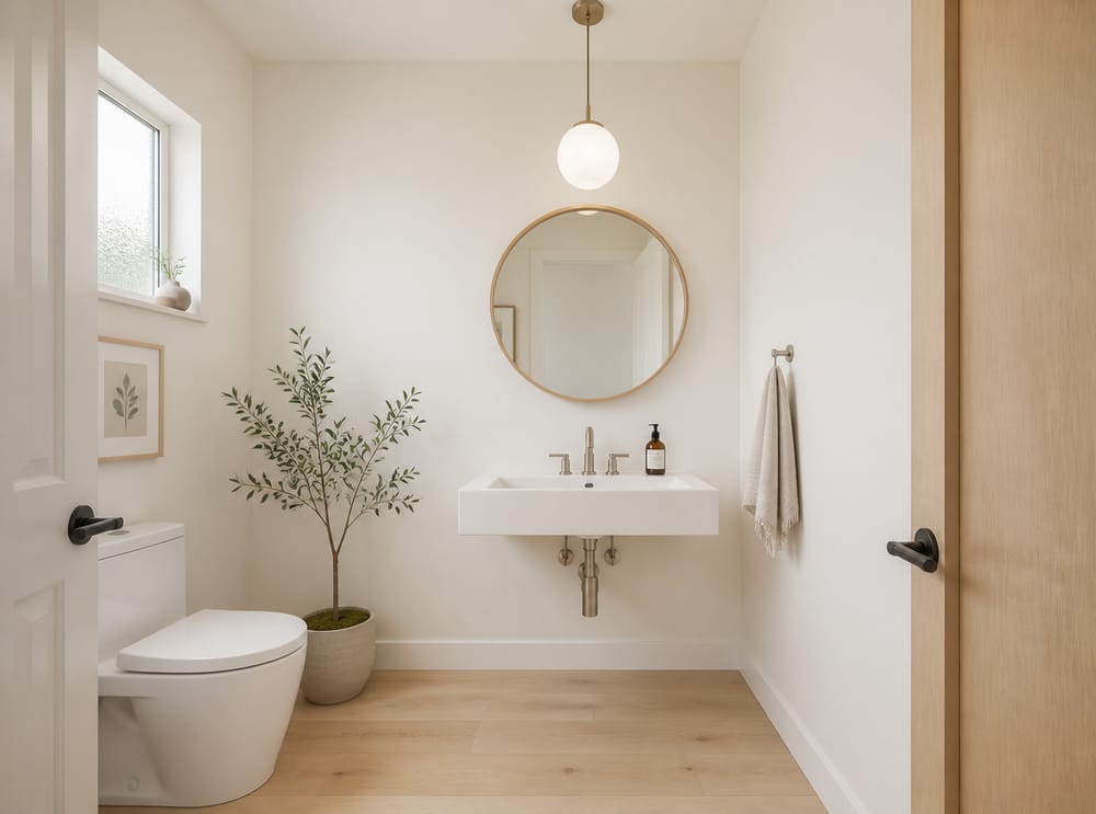 Scandinavian white walls with exposed brushed-nickel plumbing