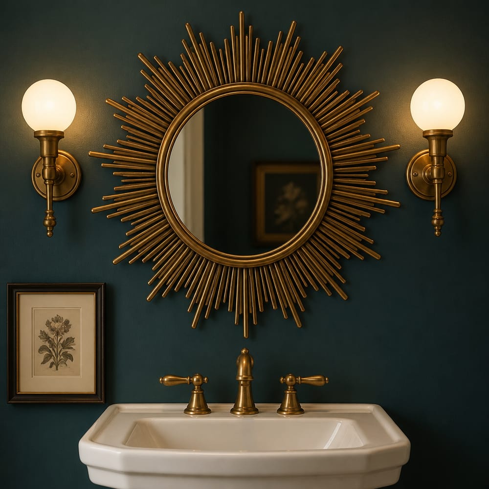 Sunburst brass mirror on deep teal wall