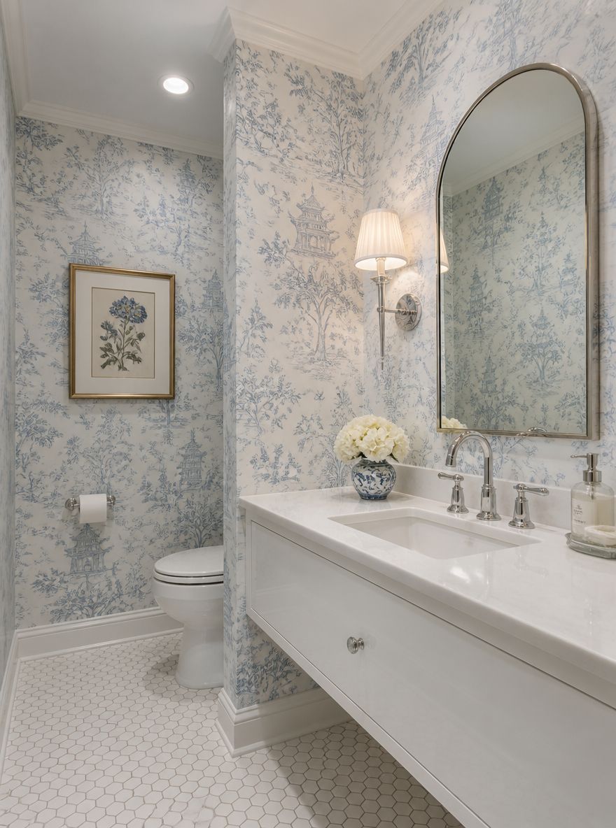Chinoiserie wallpaper with arched mirror and pleated sconce