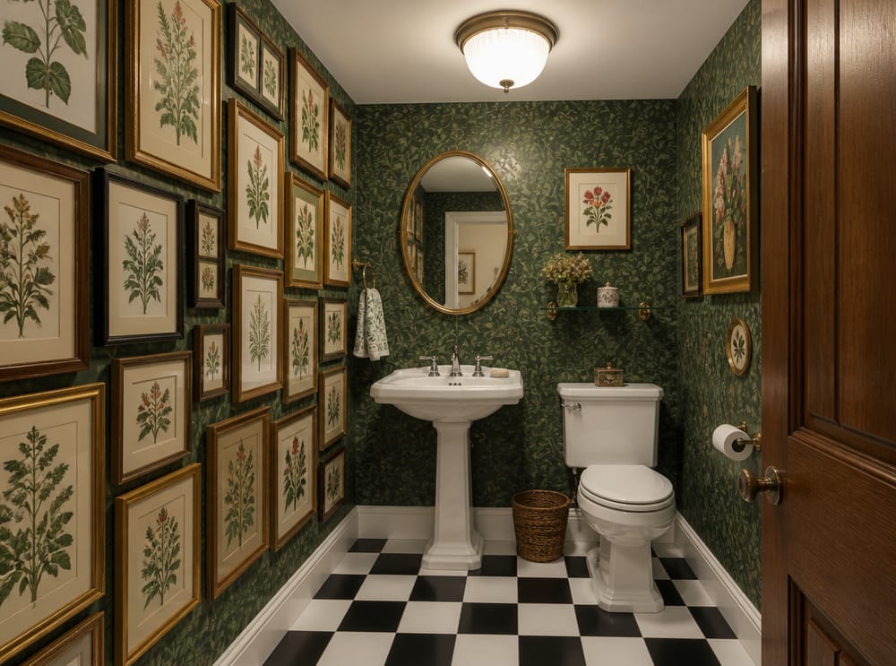 Gallery wall of botanicals beside pedestal sink