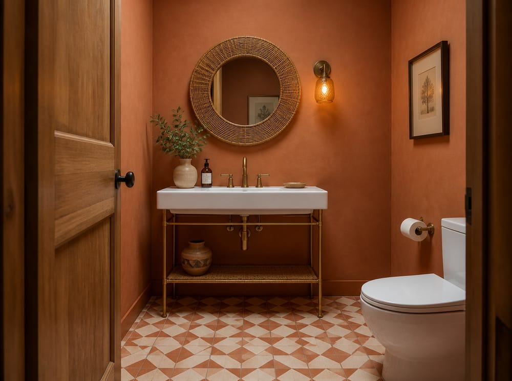 Terracotta walls with rattan-framed mirror and brass legs