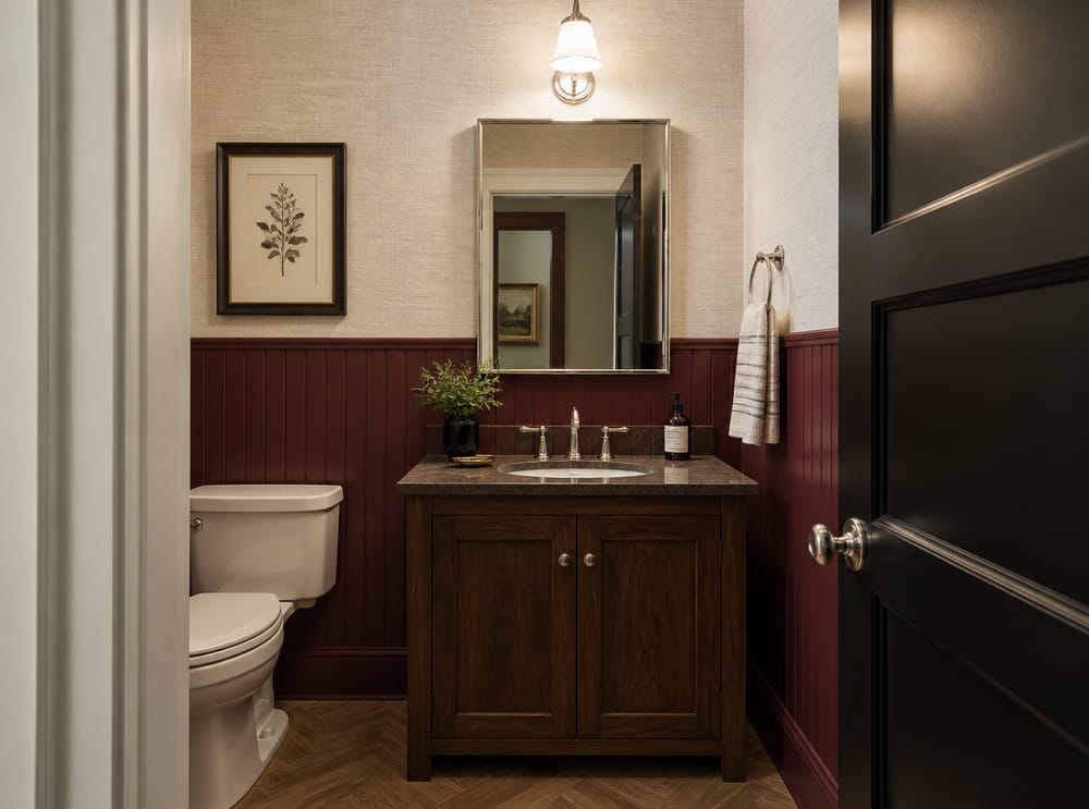 Burgundy paneling below cream wallpaper, walnut vanity