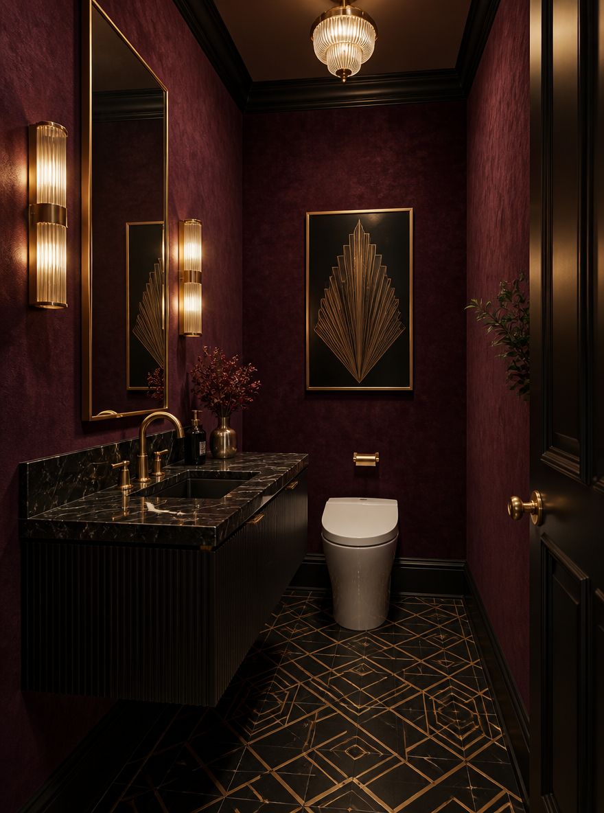 Plum velvet wallpaper with black marble and gold fixtures