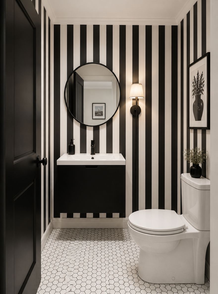 Bold vertical stripe wallpaper with matte black vanity
