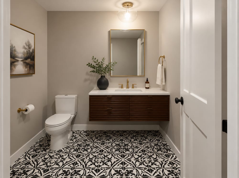 Encaustic cement tile floor anchoring greige walls