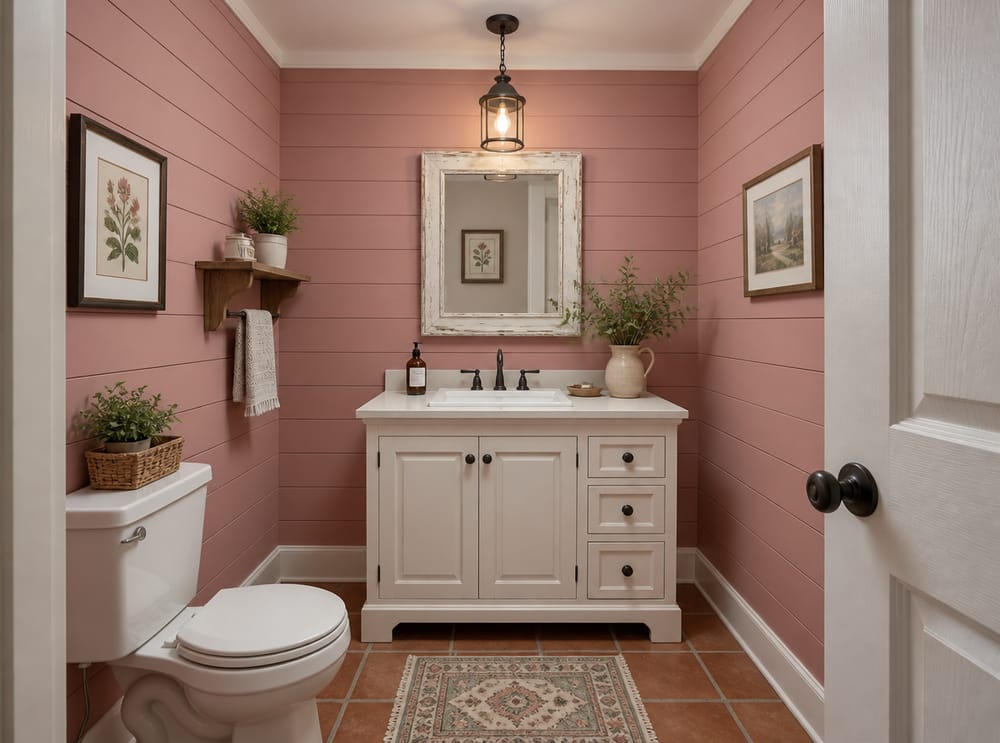 Dusty rose shiplap with farmhouse sink and lantern pendant