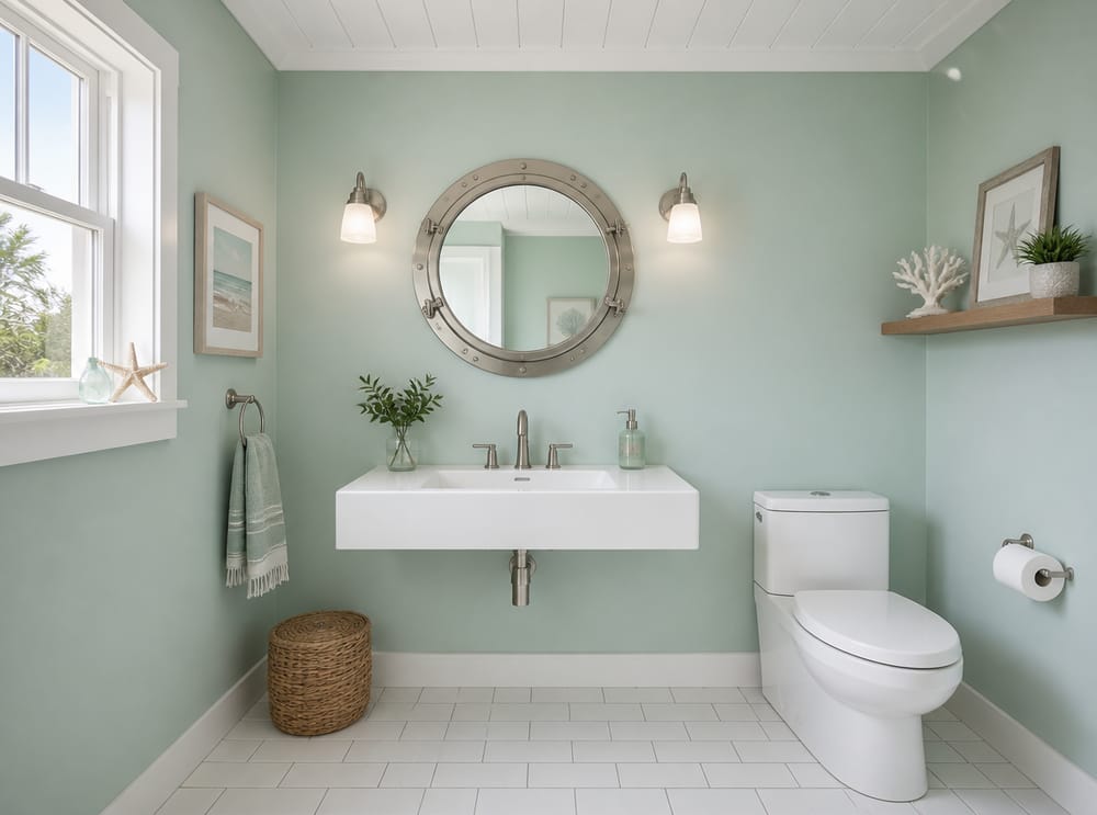 Seafoam walls with porthole mirror and white shiplap ceiling