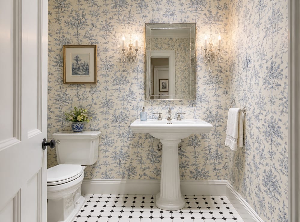Toile wallpaper with fluted pedestal and crystal sconces