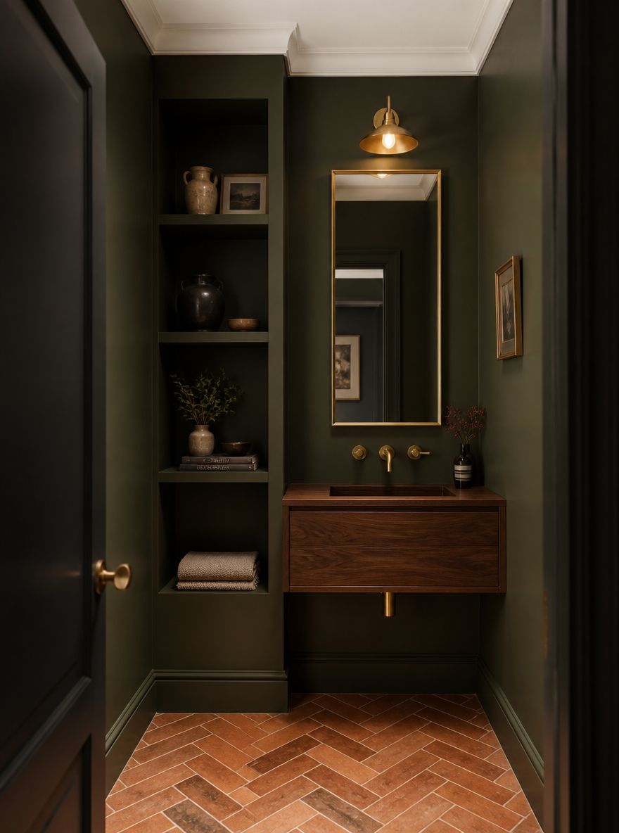 Olive green walls with brass fixtures and built-in shelf
