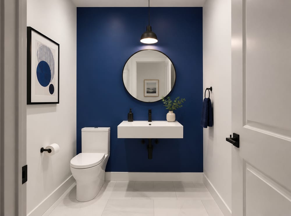 Single cobalt accent wall behind centered wall-mount sink