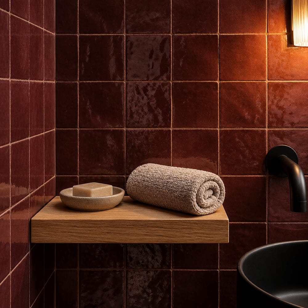 Zellige tile corner with white oak floating shelf