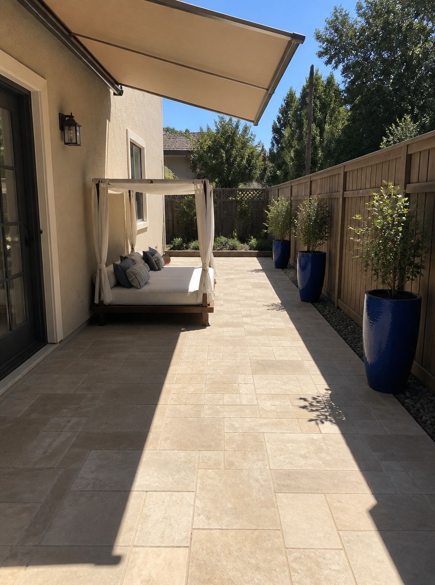 Patio in arenaria con letto da giorno sotto tettoia e vasi ceramici