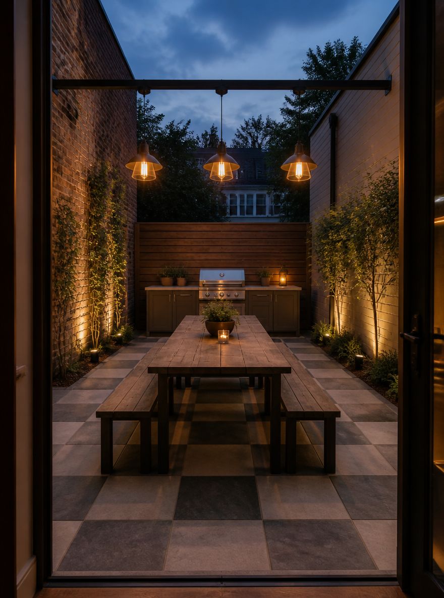 Patio stretto in ardesia con cucina esterna integrata