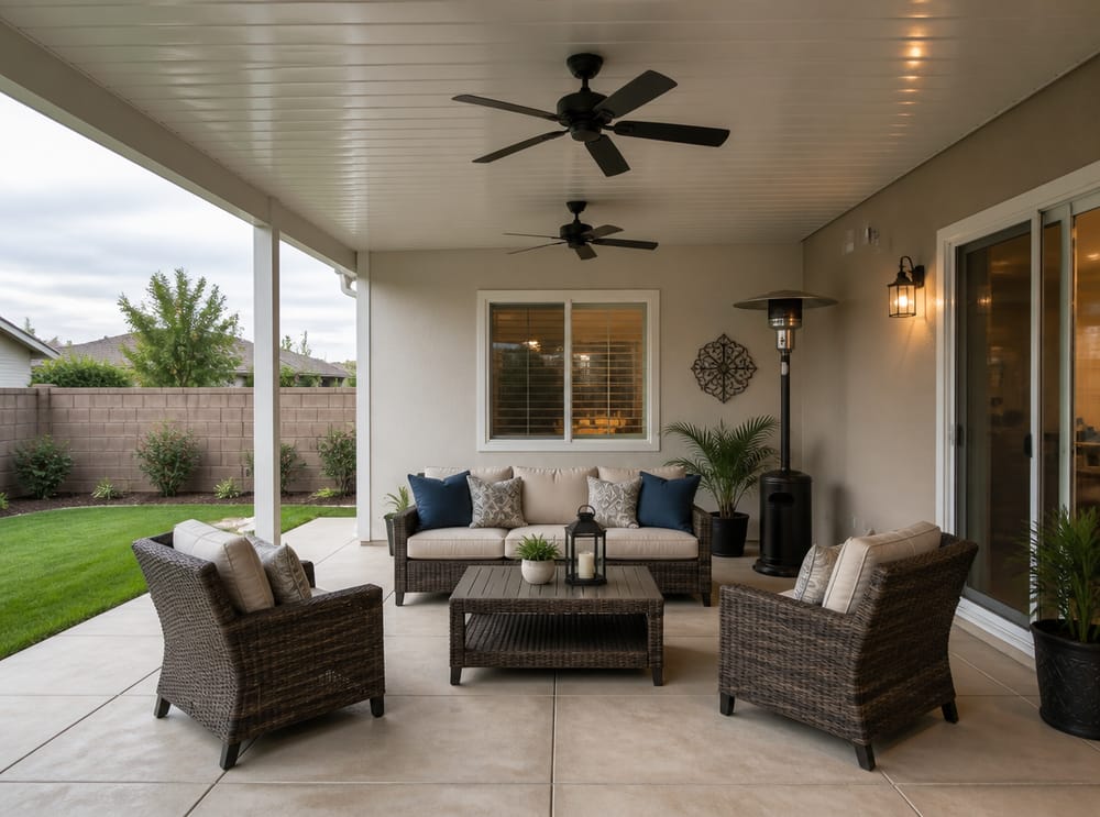 Patio coperto con ventilatori a soffitto e area relax