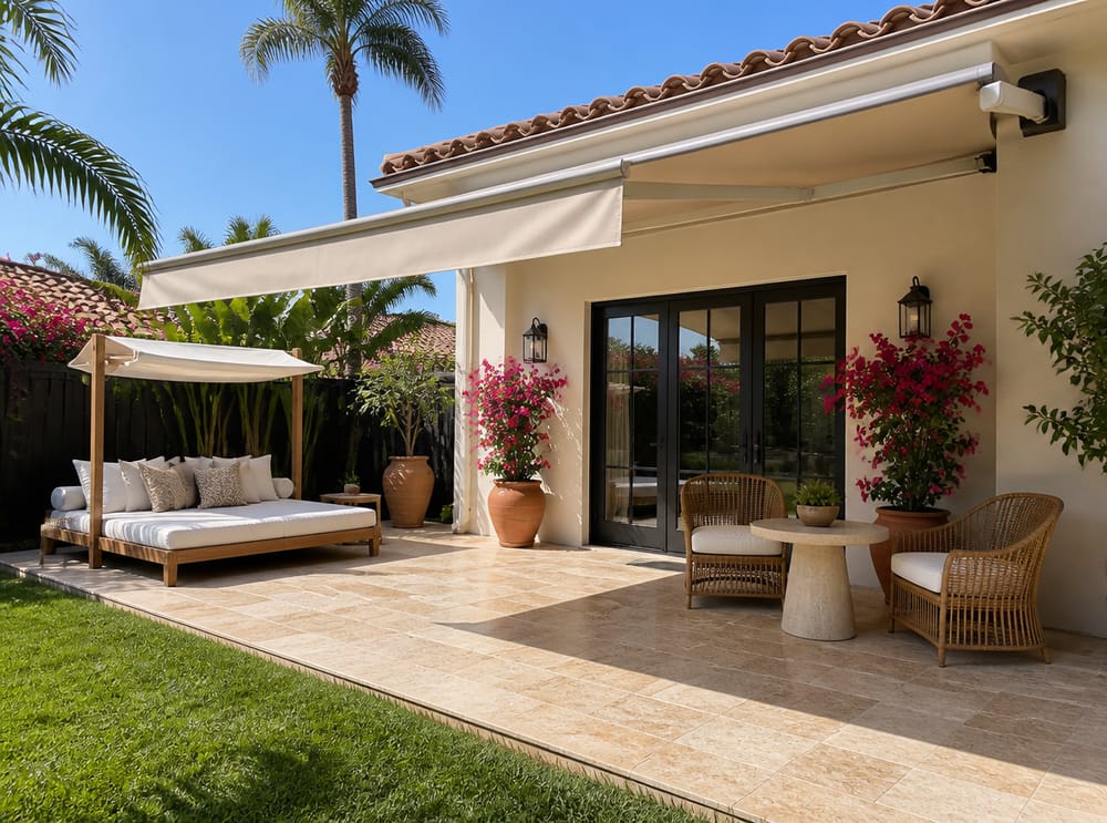 Patio in travertino con letto da giorno sotto tettoia e tenda retrattile