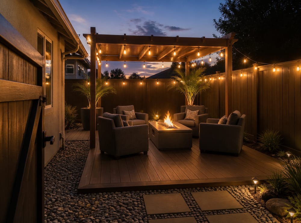 Patio al crepuscolo con tavolo a gas e luci sospese